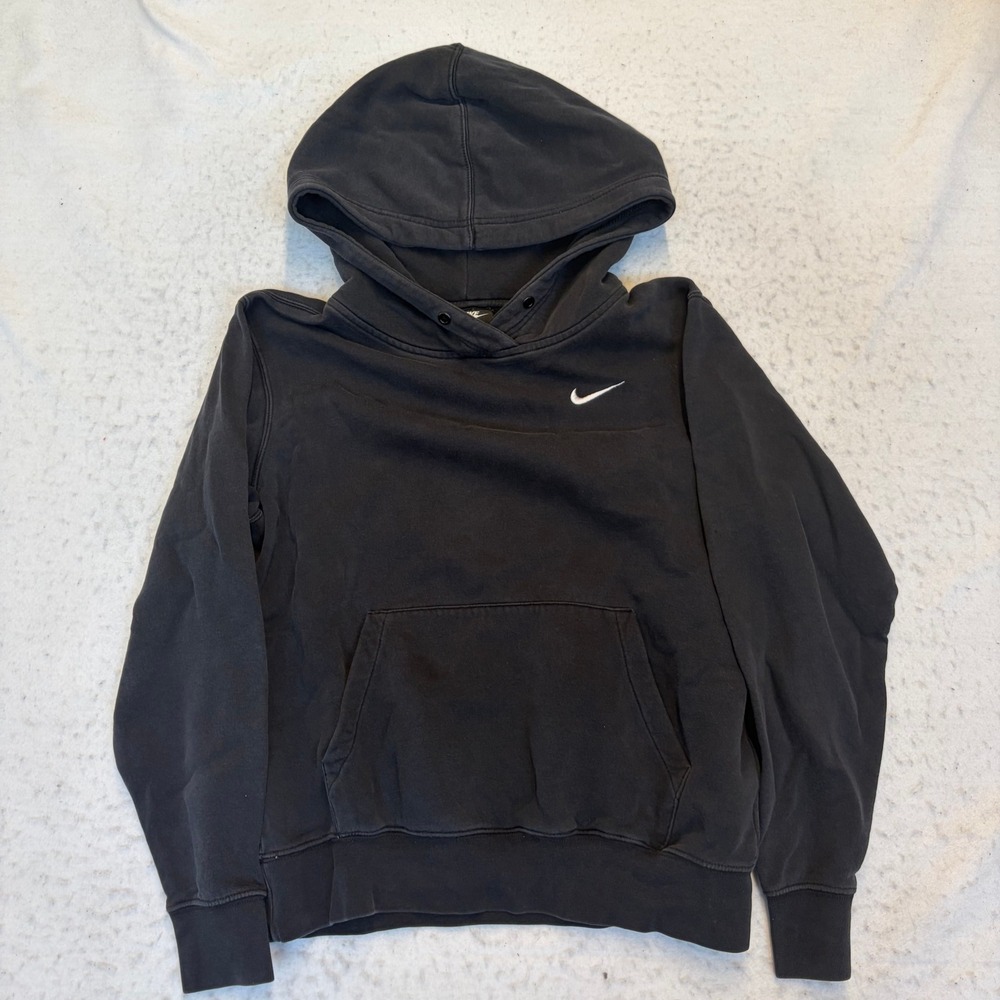 Nike Pullover Hoodie Unisex XS Black Embroidered Swoosh Fleece Lined